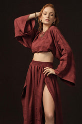 Barrel Sleeve Crop Top-Maroon